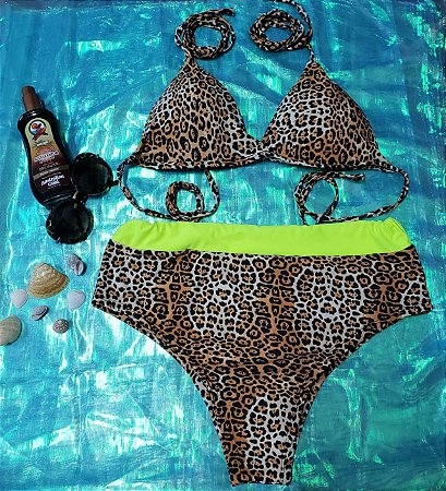 Biquíni frente única onça com faixa verde