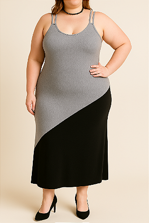 Vestido cinza e preto longo