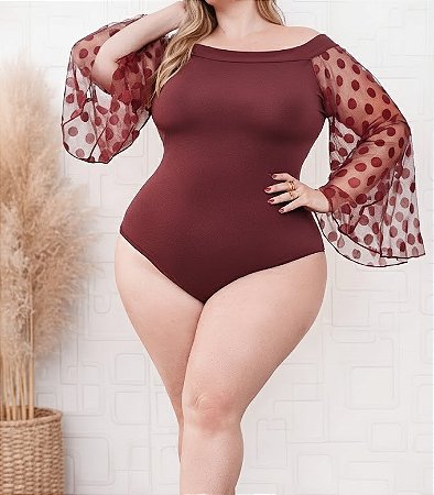 Body manga longa poá vinho