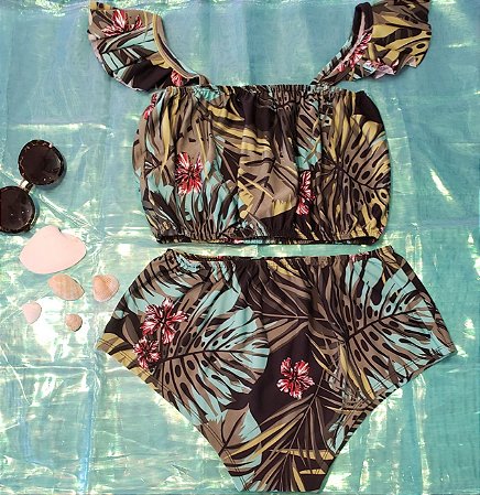 Biquíni preto folhagem verde