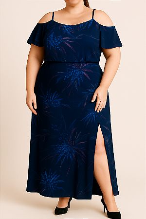 Vestido azul marinho com fenda