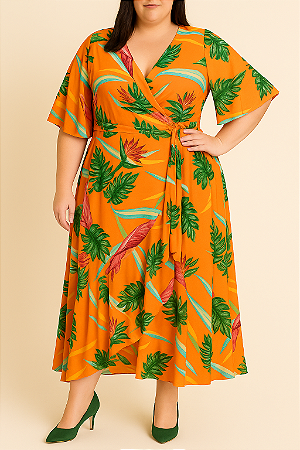 Vestido transpassado estampado laranja