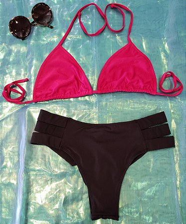 Biquíni pink com calcinha preta fio duplo