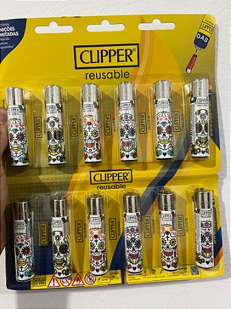 Cartela C/12 Isqueiro Clipper Grande MODELO CAVEIRA MEXICANA