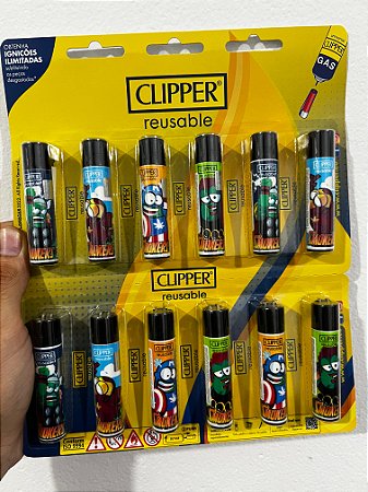 Cartela C/12 Isqueiro Clipper Grande MODELO bichinho azul e verde