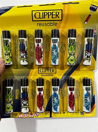 Cartela C/12 Isqueiro Clipper Grande MODELO caveira e cobra