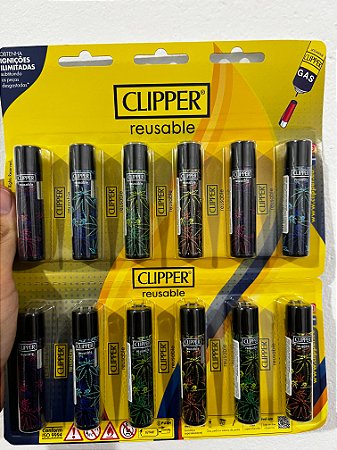 Cartela C/12 Isqueiro Clipper Grande MODELO preto folha