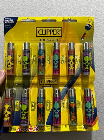 isqueiro clipper cartela com 12 unidades - Modelo CAVEIRA AZUL, VERDE ,LARANJA E ROXA