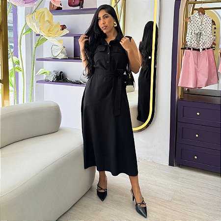 Vestido Longo Raiza Sem Mangas com Faixa e Bolsos