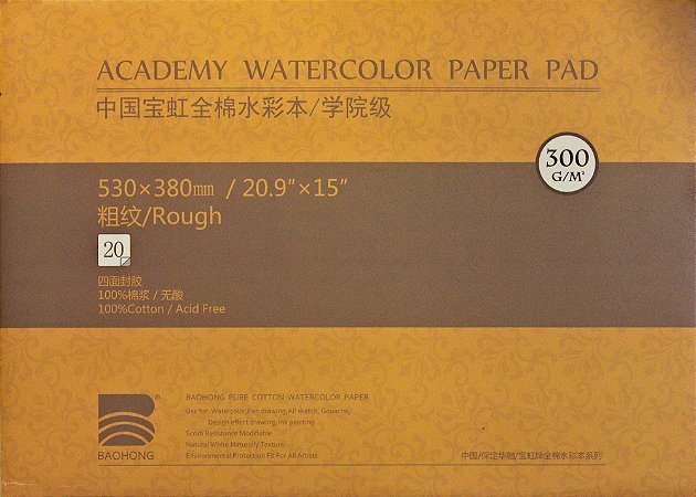 Bloco para aquarela Baohong Academy Rugoso 530X380mm 300gsm 20 folhas