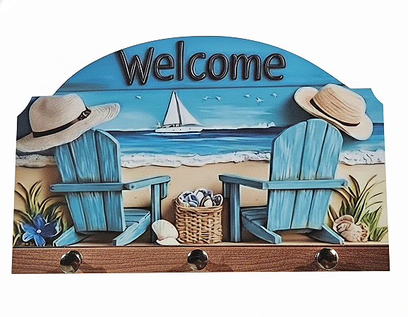 Porta Chaves Welcome Praia em MDF – Efeito 3D – 19,5cm x 12,5 cm