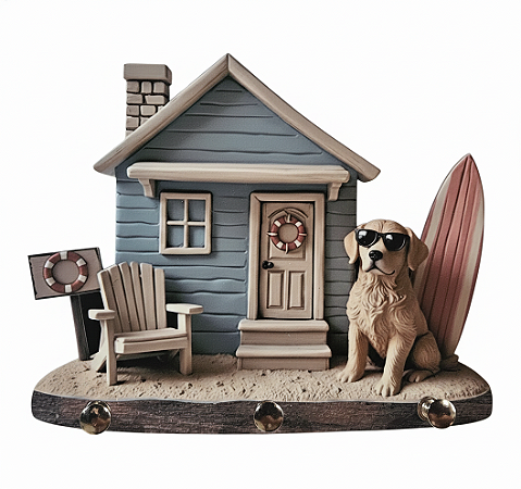 Porta-Chaves Casa de Praia com Cachorro e Prancha – Decorativo 3D – 17x14 cm