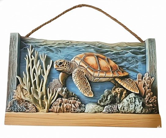 🐢 Quadro Decorativo 3D | Tartaruga em Recife de Coral – 26cm x 16,5cm