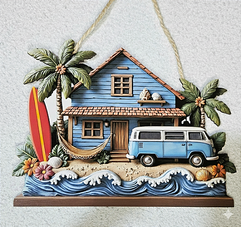 Quadro Decorativo 3D | Casa de Praia com Kombi – 24,5×19 cm