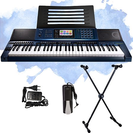 Kit Teclado Casio MZ-X500 Musical 5/8 Azul Suporte e Pedal Sustain