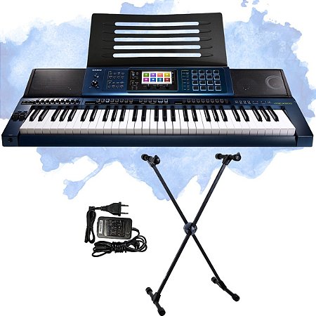 Kit Teclado Casio MZ-X500 Arranjador Profissional 5/8 Azul Com Suporte