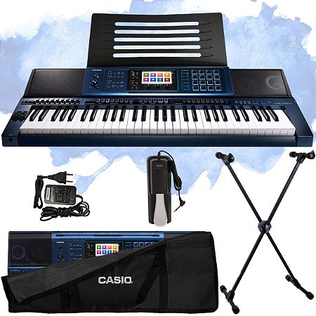 Kit Teclado Casio MZ-X500 Arranjador Profissional 5/8 Azul Completo Com Pedal Sustain