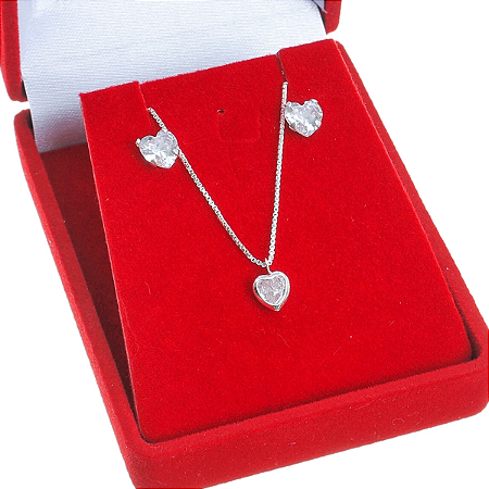Conjunto de Prata 925 Colar + pingente + brinco Coração com zirconia