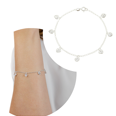 Pulseira Prata 925 Corações De Zircônias Cristal original