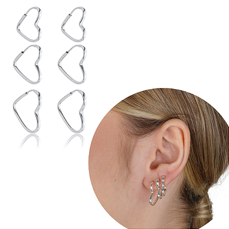 Brinco Kit 3 Pares Trio Argola Coração Prata 925 Legítima kit original feminino presente c/ garantia