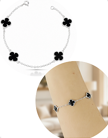 Pulseira Prata 925 Van 4 Trevo Resina Preto cravado legitima