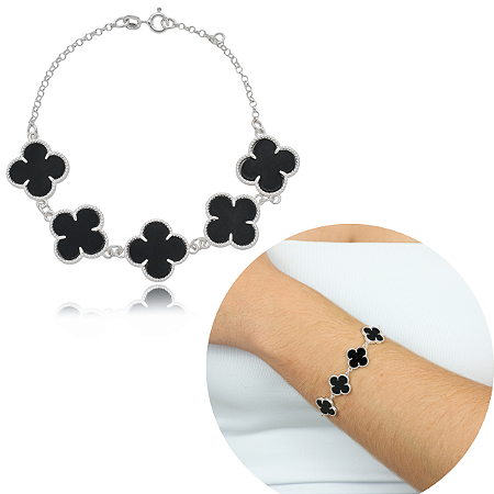 Pulseira Prata 925 Van 5 Trevos Resina Preto cravado prata legitima original feminina feminino