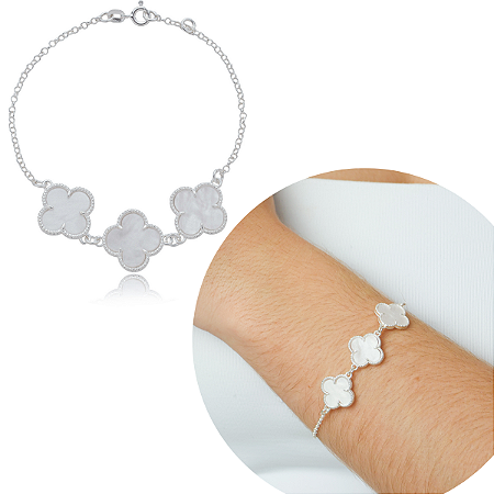 Pulseira Flor Trevo Prata 925 Feminino Garantia Madrepérola