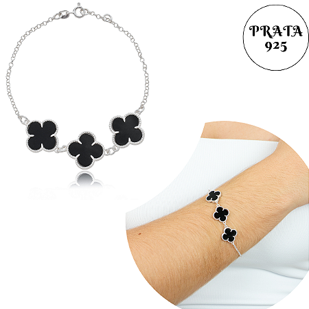 Pulseira Prata 925 Van Trevo Preto Cravado Legitima Flor