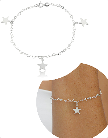 Pulseira Prata 925 Feminina Pingentes Estrela Luxo Delicada