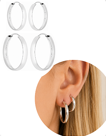 Kit dupla Argola Redonda Prata 925 feminina 2 Furos grande
