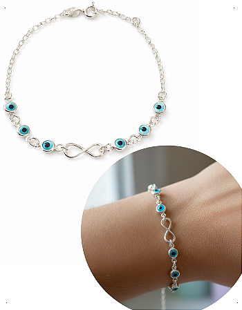 Pulseira Infinito Olho Grego Prata 925 tira mau olhado Azul
