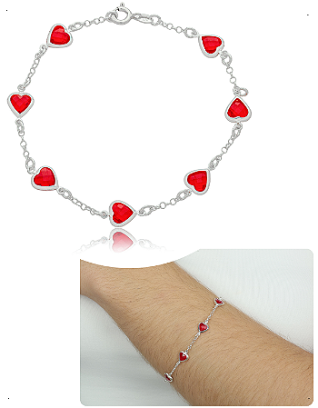 Pulseira Prata 925 Corações Zircônias vermelho amor Original