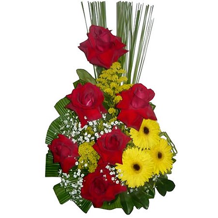 Cesta Rosas Importadas com gerberas amarelas