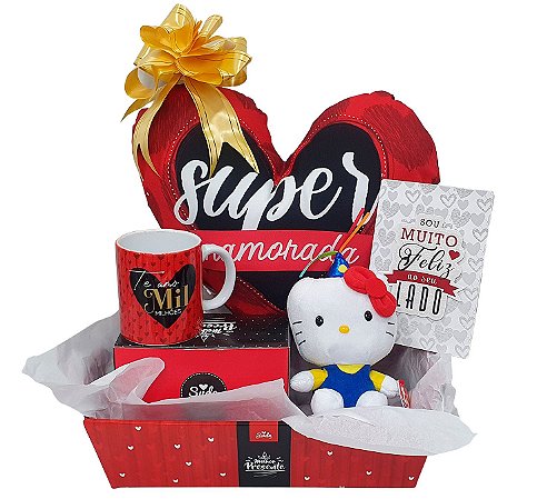 Presente Para Dia Dos Namorados - Kit Cesta Com Almofada, Caneca E Cartão + Pelúcia Do Hello Kitty