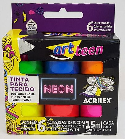 TINTA PARA TECIDO ART TEEN - ACRILEX C/ 6 CORES NEON 15ML