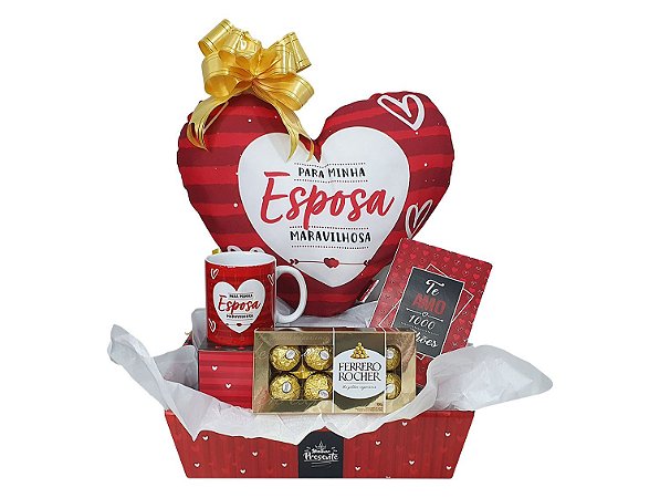 Presente Dia Dos Namorados - Esposa - Kit Cesta Com Almofada, Caneca E  Cartão + Chocolate Ferrero Rocher com 8 - Presentes Mensorê