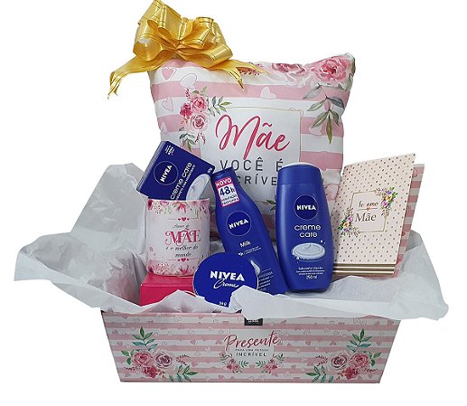 Presente Para Mãe - Dia Das Mães - Kit Cesta Com Almofada, Caneca E Cartão + Kit Produtos Nivea