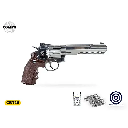 Revolver de Pressão CO2 Rossi Niquelado 6 Polegadas 4,5 mm + Cápsula de Co2 + Esfera + Alvo