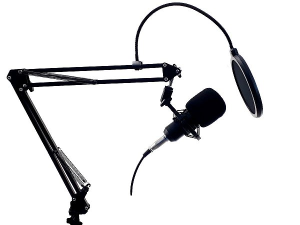 Microfone Condensador Profissional Para Mesa Braço Articulado Pop Filter P2 XLR