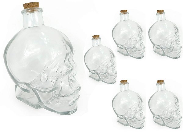 Kit 6 Garrafa de Vidro Formato Cranio Caveira Com Tampa Rolha Resistente 450ml