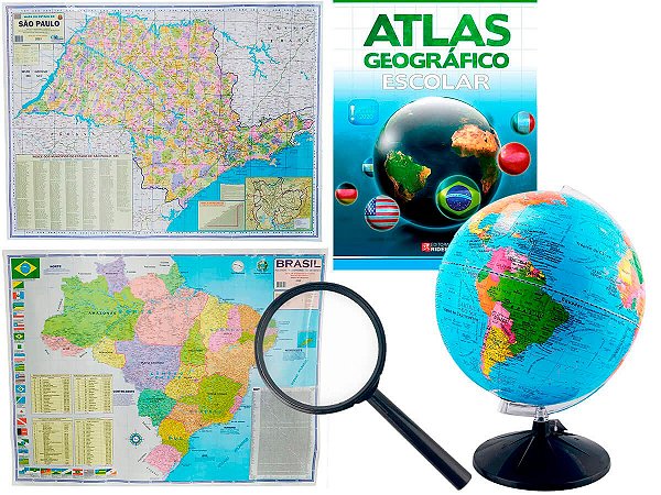 Kit Globo Terrestre Profissional Studio 30cm + Lupa +  Mapa do Brasil + Mapa do Estado de São Paulo + Livro Atlas Escola