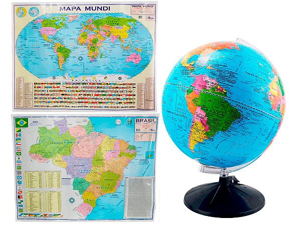 Kit Globo Terrestre Profissional Studio 30cm +  Mapa do Brasil + Mapa Mundi Edição Atualizada Escolar Decorativo