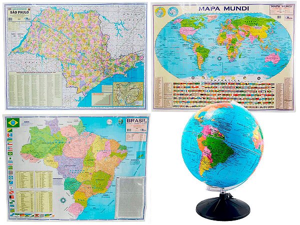 Kit Globo Terrestre Studio 30cm + Mapa do Estado de SP + Mapa do Brasil + Mapa Mundi Edição Atualizada