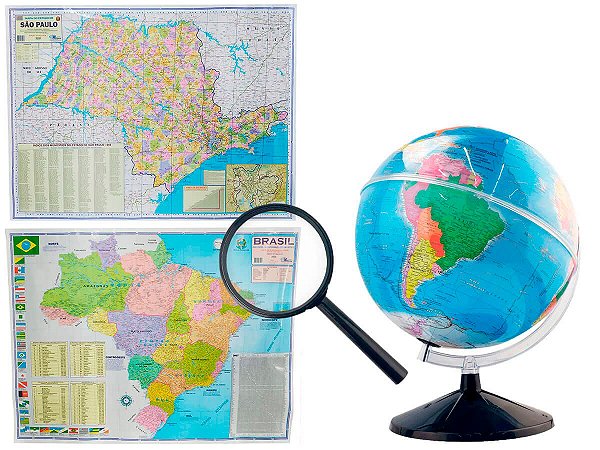 Kit Globo Terrestre 30cm Com Led + Lupa + Mapas do Brasil e Estado de São Paulo 120x90cm Atualizado Escolar Decorativo