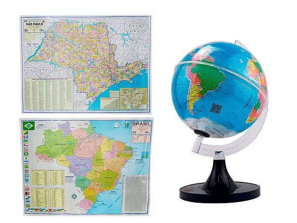 Kit Globo Terrestre 21cm Profissional + Mapa do Estado de São Paulo + Mapa do Brasil 120x90cm Atualizado Escolar