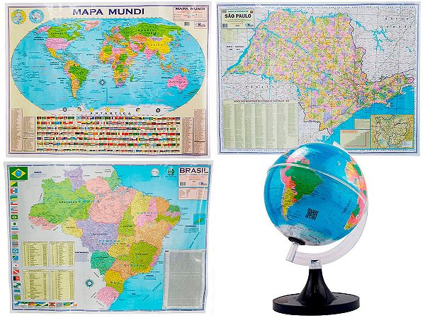 Kit Globo 21cm + Mapas Brasil Mundi e SP Grande 120x90cm Profissional Decorativo Escolar
