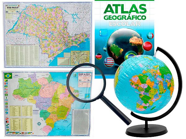 Kit Globo Terrestre Inflável 17cm + Atlas + Lupa + Mapas do Brasil e SP 120x90cm Escolar Decorativo