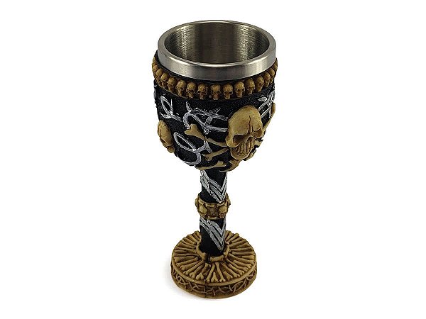 Taça Cálice Em Aço Inox e Resina Crânio Medieval 4 Caveiras Osso Rock Colecionável Decorativo Coquetel Cerveja