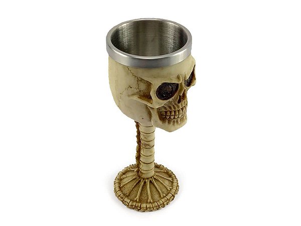Cálice Taça Crânio Ossos Caveira Skull Aço Inox Resina Relevo Decorativo Rock Colecionável Vinho Coquetel