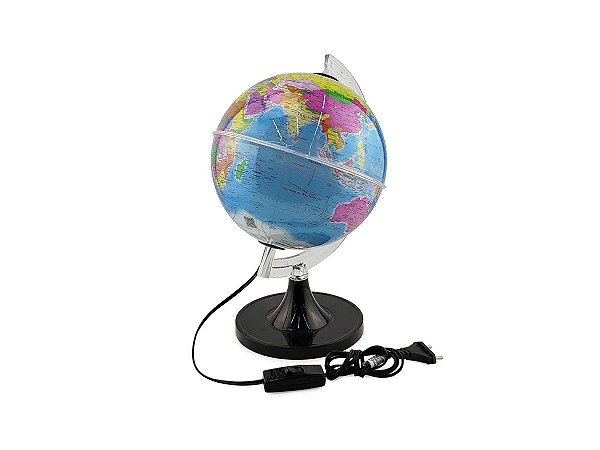 Globo Terrestre Giratório Com Luz Led Mapa Mundi Em Português Escolar 21cm Base Preta Removível Luminária Bivolt